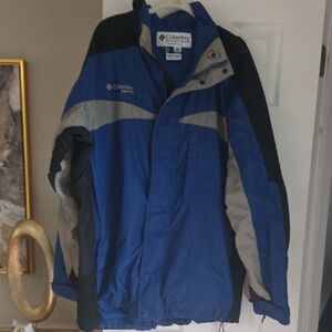 Vintage Columbia Blue and Black Outdoor Jacket With Hood Large Tall Size